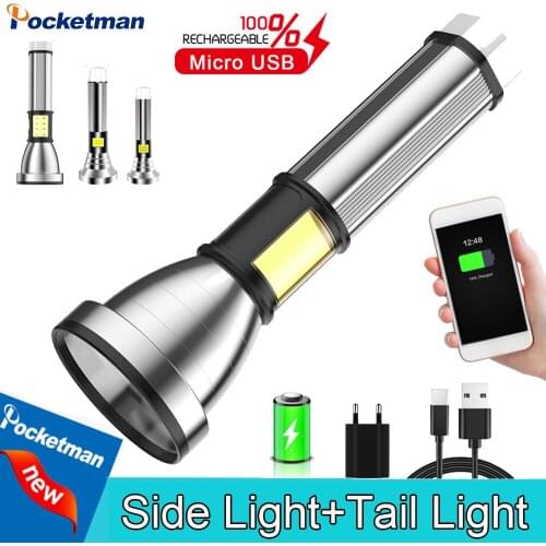 Powerful Flashlight USB Rechargeable Torch Lantern with tail light long-range C0B flashlight with Power Bank built in battery