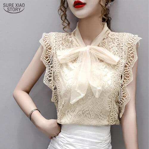 Solid Hollow Out Shirt Korean Fashion Clothing Vintage Sleeveless 2021 Womens Tops and Blouses Lace Patchwork Blusas 9811
