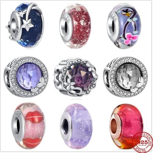 Genuine 925 Sterling Silver Matte Colorful Murano Glass Charm Openwork Beads Fit Original Pandora Bracelet Charm Jewelry Gift