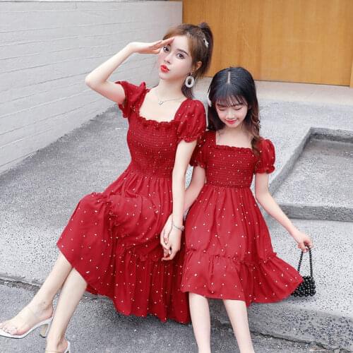 New Mother and Daughter Dresses Family Matching Outfits Women Girls Red Floral Chiffon Clothes Mommy and Me Backless Party Dress