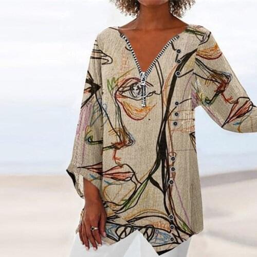 Vintage Print Zip Shirt Tops Plus size Loose Three Quarter V Neck Blouses 2021 Autumn Pattern Office Lady Tops Clothes Рубашки