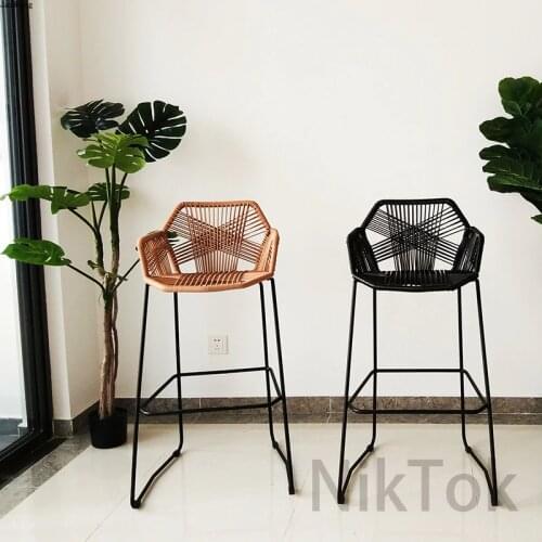Nordic Bar Stool simple Modern High Feet Stool Rattan Chair Leisure Backrest Simple Household Bar Chair Creative Bar Stools