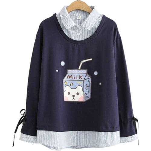 Fake Two Piece Women Sweatshirts Cartoon Print Cotton Hoodies Autumn Long Sleeve Turndown Collar Patchwork Pullover Tracksuits