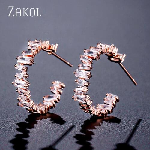 ZAKOL Trendy AAA Baguette Cubic Zirconia T Stone Hoop Earrings For Women Fashion Circle Bridal Wedding Accessories FSEP2174