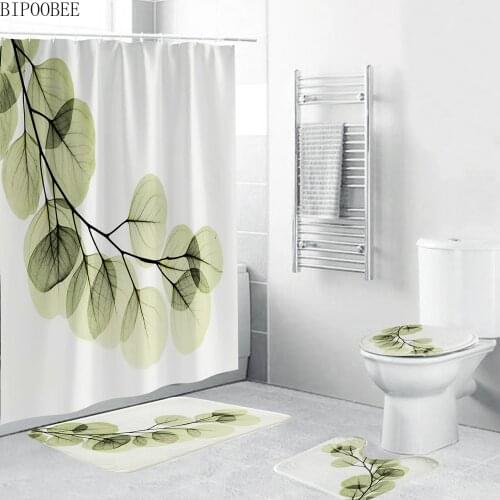 Green Plant Leaves Shower Curtain Set Bath Mats Rugs Waterproof Fabric Bathroom Curtains Flannel Toilet Cover Anti-skid Carpet