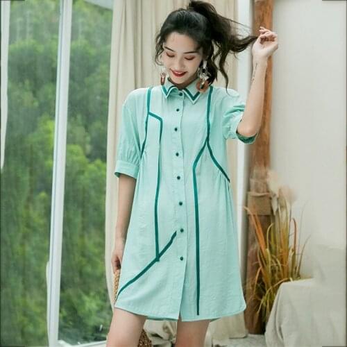 Women Green Shirts Short Sleeve Split Side Lapel Single Breasted Shirts Loose Fit Female Fashion Tide Summer New Z538