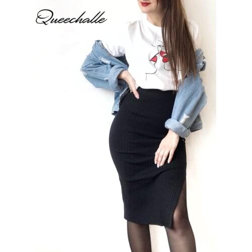 Queechalle Spring Autumn Solid Slim Knitted Skirt for Women Sexy Split Elastic Empire Waistline Sheath Skirts Female Gray Navy