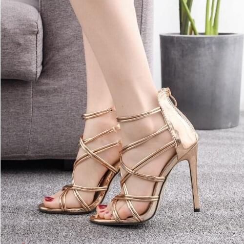 Women Sexy Sandals Heels Sandals Fashion New Women black Zipper Sandals Openwork cross-strap high heel sandals 35- 43