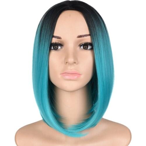 Blue Ombre Wig for Women Short Wig Bob Wig Synthetic Hair Heat Resistant (Black to Teal Blue)