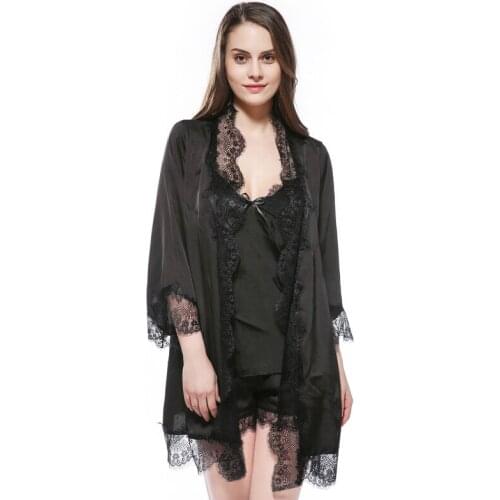 Women summer 3pcs sleepwear set silklike pyjamas female sexy satin lace nightwear long sleeve bathrobes camisole shorts homewear