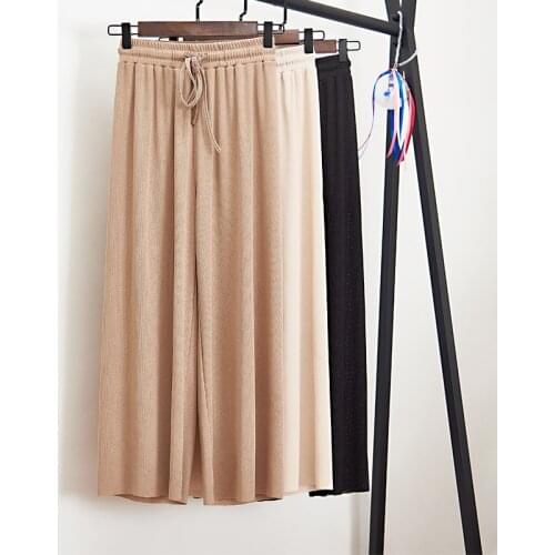 Plus Size Women Summer Thin Knit Trousers Wide Leg Loose Pants Female Ankle Length Pants Casual Elastic Waist Straight Trouser