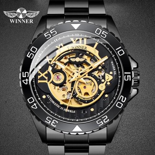 WINNER Automatic Male Watch Full Steel Strap Skeleton Black Watch Top Brand Luxury Business Watch Waterproof Male Clocks