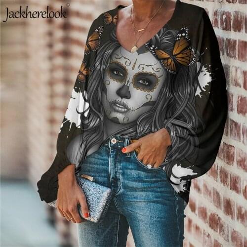 Jackherelook Summer Chiffon Black Womens Blouses Sugar Skull Gothic Top Shirt Sexy V-Neack Chemisier Femme Blouse Social Female