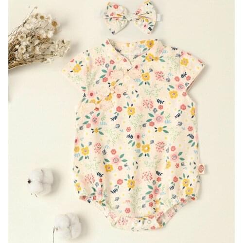 2021 Baby Girl’s Short Sleeve Romper with Headband Summer Fashion Floral Frog Buttons Jumpsuits Sweet Style