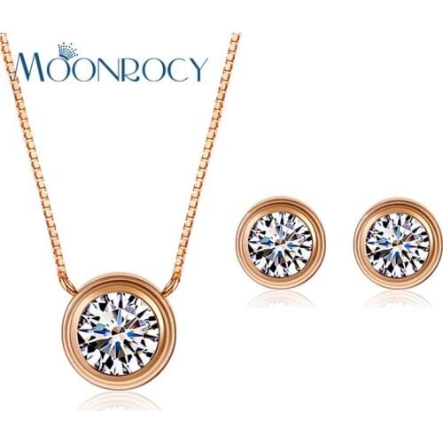 MOONROCY Rose Gold Color Free Shipping Fashion CZ Crystal Necklace Earrings Jewelry Set Crystal Wedding Jewelry for Women