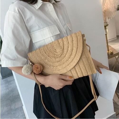 Summer Beach Straw Clutch Bag Cute Ball pendant Crossbody Bag for Women Travel Shoulder Bags Purse Ladies Casual Bags Wicker Bag