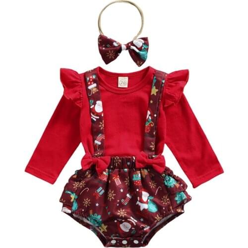 Cute Infant Baby Girl Three-piece Sets Christmas Clothes Ruffles Long Sleeve Tops+Suspender Bloomers+Headband Fall Baby Sets