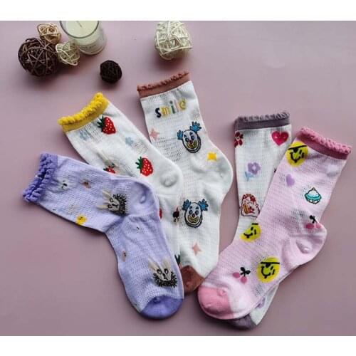 Spring Summer Edge Cute Socks Thin Mesh Breathable Heap Heap Strawberry Animal Kawaii Sweet Funny Socks Woman Calcetines