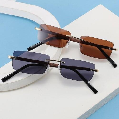 Luxury Brand Rectangle Rimless Sunglasses 2021 Trending Clear Lens Small Square Sun Glasses For Men 90s Brown Designer Shades