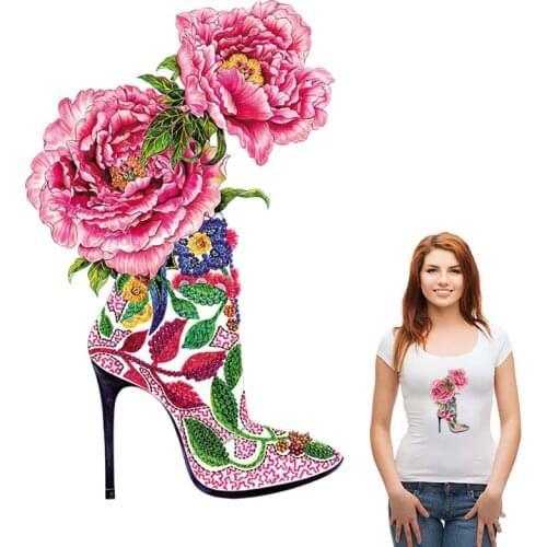 Patches Flower High Heels Shoes Fashion Stickers Iron On Diy Accessory Heat Transfer Clothes Patches For Clothes