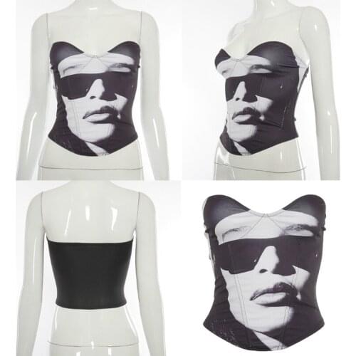 New Style Black And White Art Printing And Dyeing Irregular V-neck Tube Top Womens Clothing Star Character Print Slim