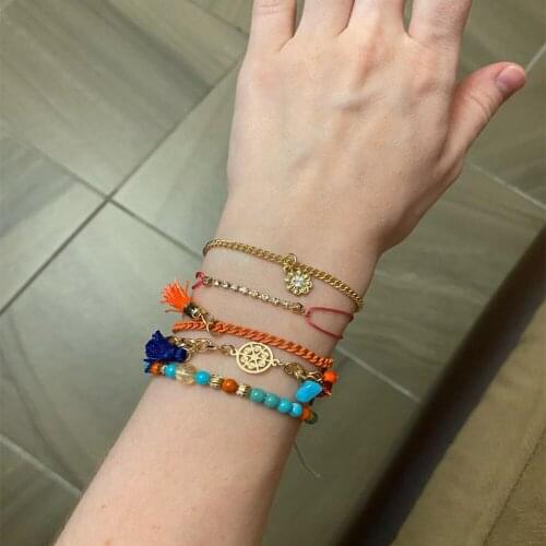 Casual Summer Holiday Gold Color Plating Marble Bead Thread Tassel Natural Stone Round Filigree Disc 5 ROW BRACELET For Girl