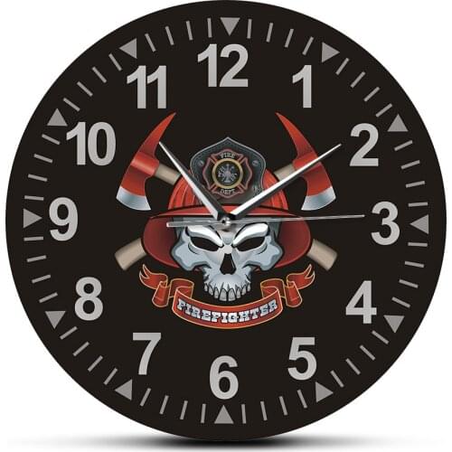 Firefighter Skull with Crossed Axes Silent Non Ticking Wall Clock Maltese Cross Firemen Skull Fire Department Sign Wall Clock