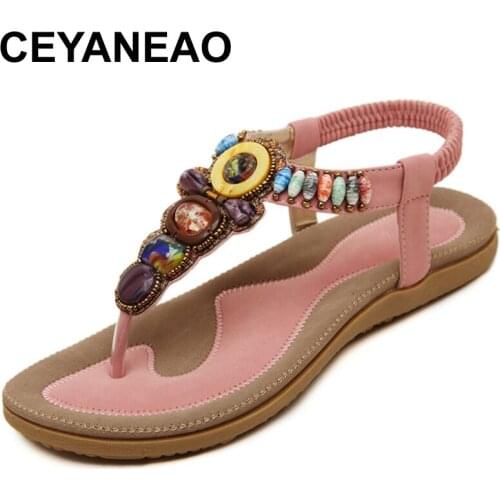 CEYANEAO Summer new woman sandals fashion Bohemia flat sandals beaded large size casual comfortable soft bottom women shoesE1009