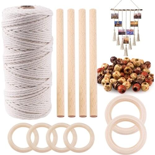 Macrame Cord Natural Cotton Rope with Unfinished Natural Wood Ring Beads Wooden Stick for DIY Wall Hanging Plant Hanger Crafts