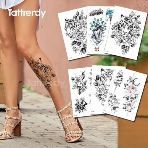 Waterproof temporary tattoos for girls leg tattoo tiger and rose flowers stretch tattoo designs animals fake tatoo tiger flower