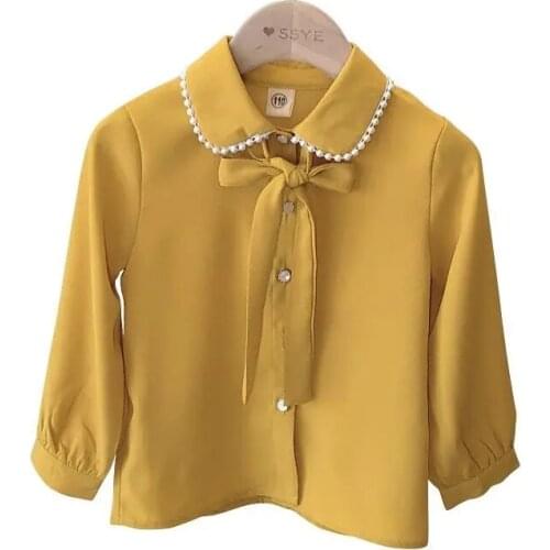 2021 Spring and Autumn Girls' Inch Shirt New Korean Style Western Bow Collar Childrens Fashion Retro Solid Color Long Sleeve T