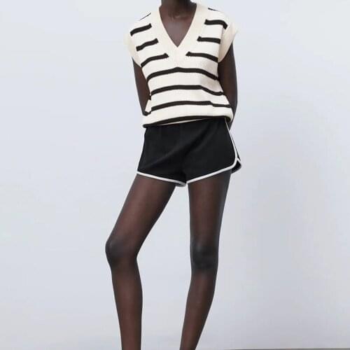 Women 2021 Fashion Black And White Stripes Knitted Vest Sweater V Neck Sleeveless Korean Style Pull Female Jumper chaleco mujer