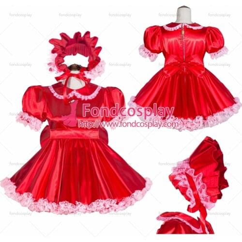 Fondcosplay adult sexy cross dressing sissy maid French Lockable Red satin Dress headpiece Peter Pan collar Tailor-made[G4042]