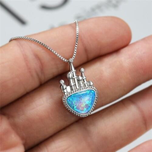 Women Crystal Castle Pendant Necklace Classic Silver Color Chain Necklace For Women Trendy Opal Geometry Wedding Necklace