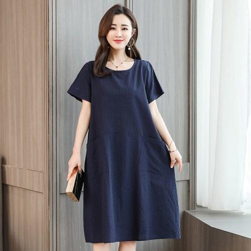 Women Casual Solid Long Dress Plus size Middle-aged Ladies Short Sleeve Round Neck Elegant Loose Mother Dress Female Vestidos
