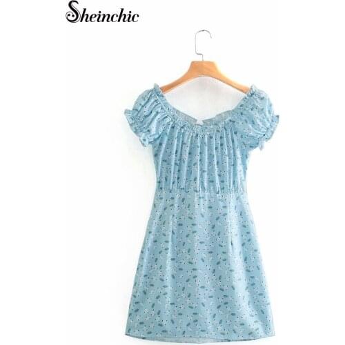 Summer Dress 2021 Office Lady Boho Blue Floral Women Clothing Ruffles Chiffon Outfits A-line Soft Casual Dress