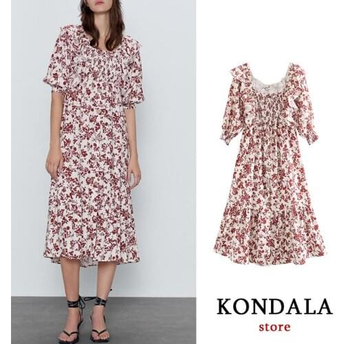 Vintage dress ruffles puff sleeve froal print vestidos square collar button casual women dress elastic losse ropa mujer maxi za