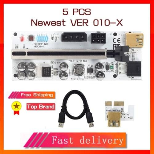 5pcs VER010 USB3.0 PCI-E Riser VER 010 PLUS Express 1X 4x8x 16x Extender pcie Riser cabo Adapter Card SATA 15pin to 6pin Power