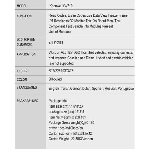652F KW310 OBD2 Car Diagnostic Scanner Automotive Scanner For Car Code Reader Scanner Tools Car Diagnostic Tool
