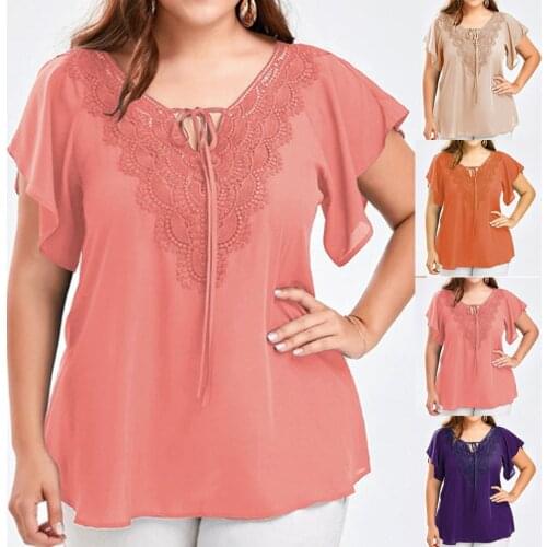 5xl Plus Size Lace Shirts Women Fashion Bandage V-neck Tunic Tops Solid Patchwork Short Sleeve Blouse Women Elegant Blusas Mujer