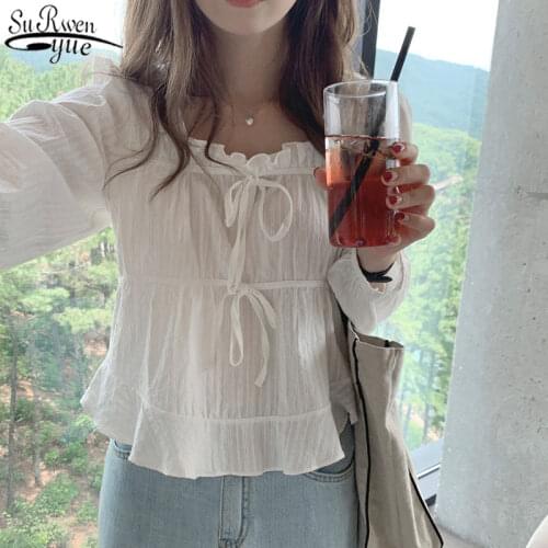 Linen Cotton Embroidery Lace Shirt Spring Long Sleeve Plus Size Women Blouses Top Female Casual White Lace Up Blouse Women 11700