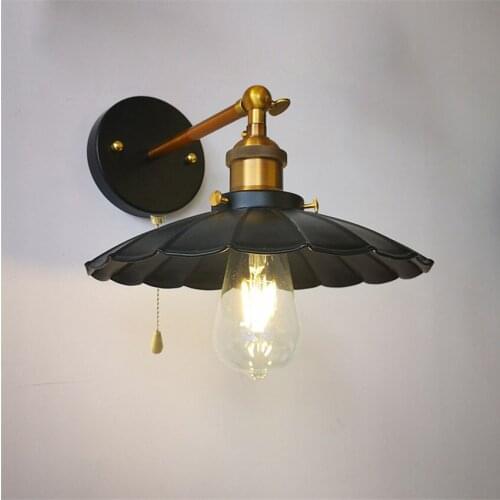 Pull switch Black Color Loft Industrial Wall Lamps Vintage Bedside Wall Light Metal Lampshade E27 Edison Bulbs 110V/220V
