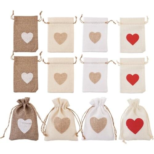 24pcs/set Heart Pattern Burlap Packing Pouches Drawstring Bags Rectangle Mixed Color Gift Makeup Wedding Party Jewelry Packaging