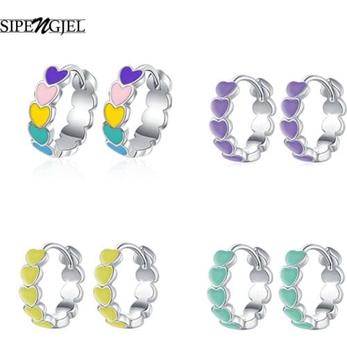SIPENGJEL Fashion Rainbow Color Enamel Heart Hoop Earrings Silver Color Ear Hoops Earrings For Women Picrcing Jewelry Gift