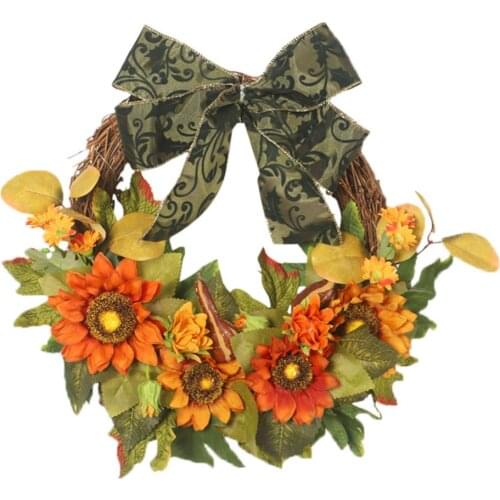 New Autumn Sunflower Wreath with Bow Door Hanging Pumpkin Wreath Harvest Festival Halloween Thanksgiving Home Decor