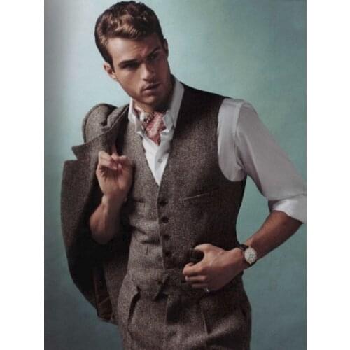 Latest Coat Pant Design Brown Tweed Men Suit Slim Fit 3 Piece Skinny Tuxedo Custom Style Suits Blazer Vestidos Jacket+Pant+Vest