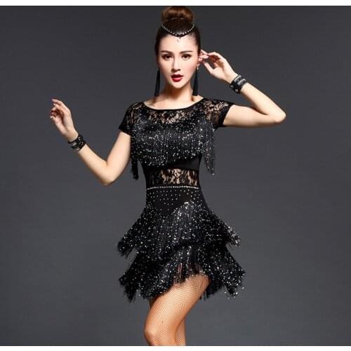 New Latin Dance Dress Girls Kids adult Modern Ballroom tassel Fringe Salsa Tango Dance Wear Black Performance Stage Wear