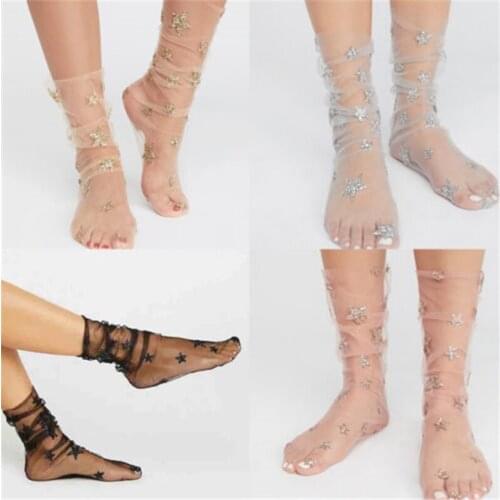 Newest Women Socks Ladies Girl Glitter Thin Soft Star Sheer Mesh Tulle Socks Fishnet Hosiery Sexy Medias De Mujer