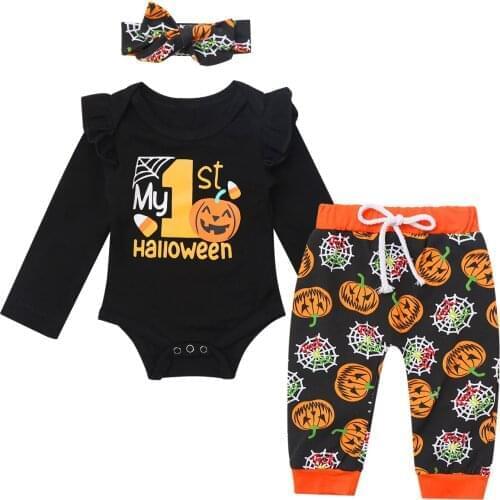 Newborn Infant Baby Girl Clothes Set Long Sleeve Pumpkin Printed Romper Jumpsuit With Headband And Pants Baby Halloween Outfit