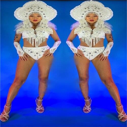 M41 Singer stage wears bodysuit dj show bar performance dress bikini outfits clothes party white headwear bra diamonds costumes